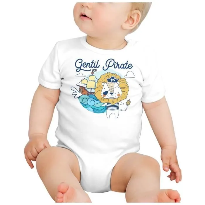 Body Bébé Manche Courte Blanc Lion Gentil Pirate Dessin Illustration Capitaine-1
