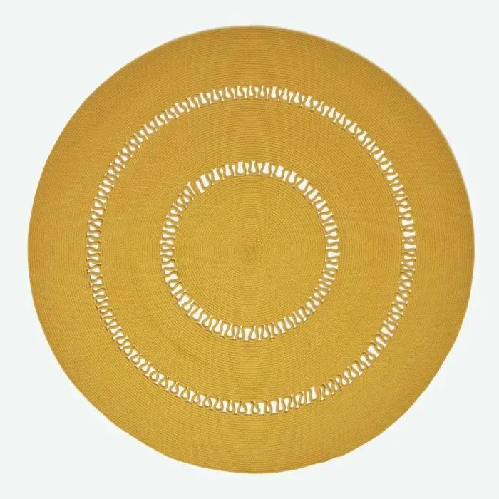 Tapis rond tissé à plat en coton ajouré Jaune Moutarde, 120 cm-0