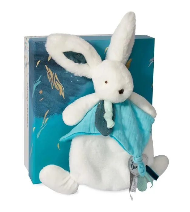 Doudou et Compagnie - Doudou Lapin -25 cm - Blanc/Bleu Paon - Lapin Pompon Paon - Idée Cadeau - Happy Pop - Happy Doudou To You-1