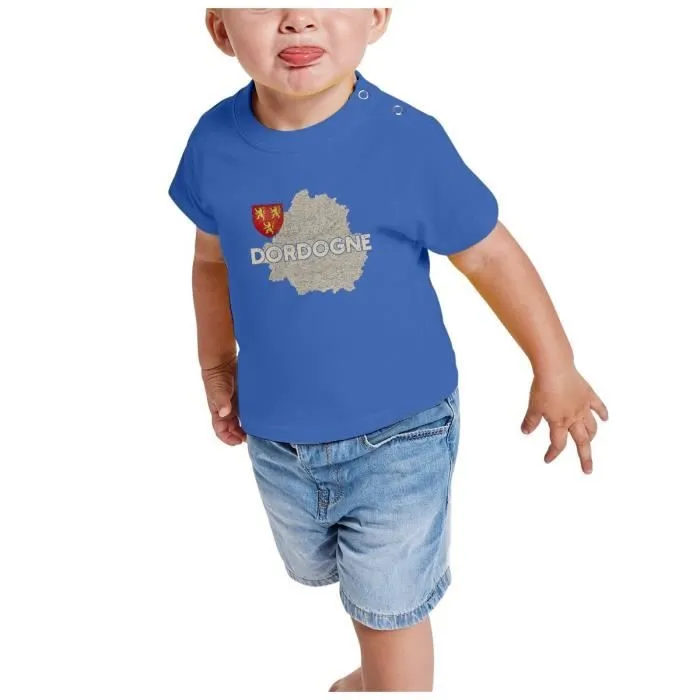 T-shirt Bébé Manche Courte Bleu Dordogne 24 Département Périgueux Carte Ancienne Rare-1