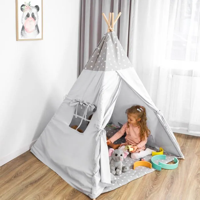 Tente de jeu Tipi Enfant avec Tapis - AMAZINGGIRL - Modèle 1 - Coton - Gris-3