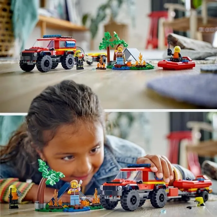 LEGO® 60412 City Le Camion de Pompiers 4x4 et le Canot de Sauvetage, Jouet avec Bateau, Remorque et Minifigurines-4