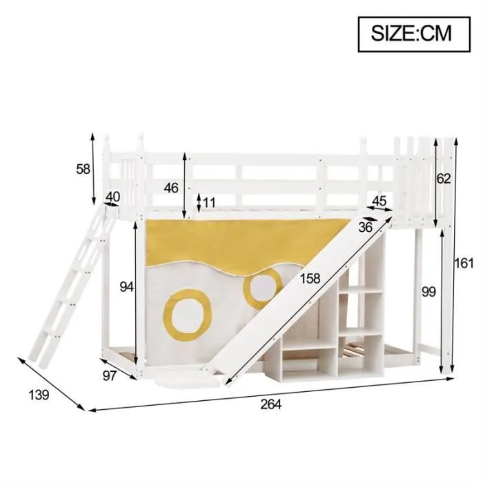 Lit superposé - Blanc - 90x200cm - Bois massif - Escalier - Toboggan-3