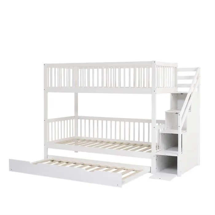 Lit superposé - Blanc - 90x200cm - Lit gigogne 90x190cm - Échelle de rangement - Sécurisé-2