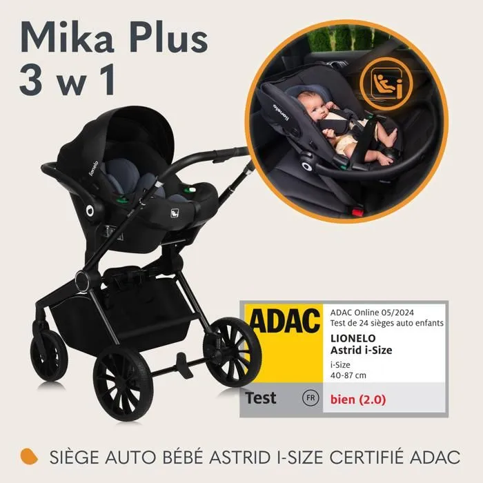 Poussette combinée 3en1 LIONELO Mika Plus - Jusqu'à 22kg - Pack poussette Trio, Nacelle, Siege auto, sac et accessoires - Noir-4