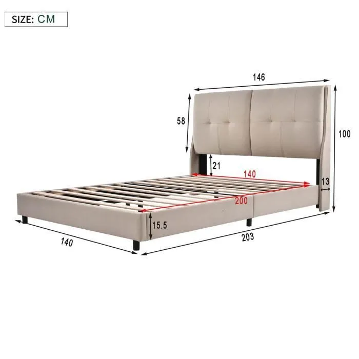 Lit adulte avec sommier à lattes, tissu lin, beige, 140 x 200 cm-3