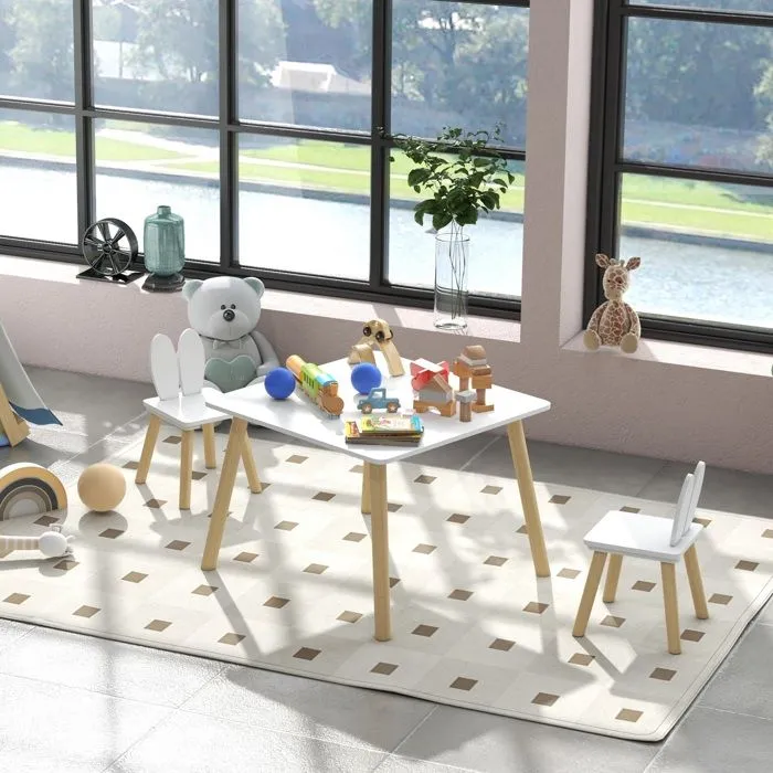 Ensemble table et 2 chaises enfant - AIYAPLAY - design scandinave motif oreille de lapin bois pin blanc-2