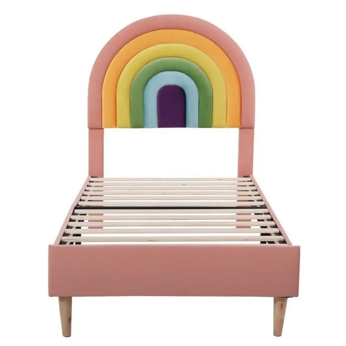 Lit enfant 90x200 cm en forme de l’arc-en-ciel, sommier à lattes, tête de lit réglable, tissu en velours, rose-2