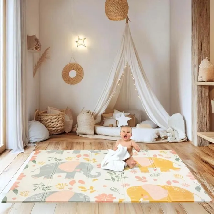 Mamabrum Tapis d'éveil Bébé 2 Faces 120x180X1 cm-  Eléphants ET Exotiques- Tapis de Jeux Enfant Mousse- Pliable- XPE-1