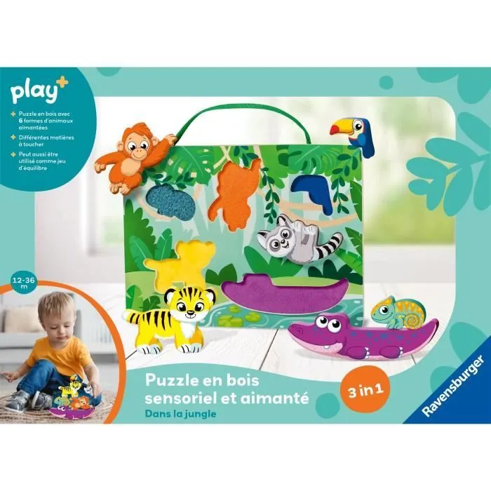 Ravensburger play+, Puzzle en bois sensoriel et aimanté - Dans la jungle , 6-36 mois, Premier âge, bébé-4