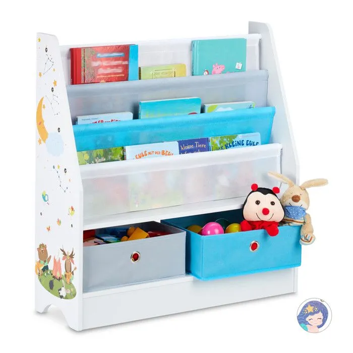 Relaxdays Etagère enfants, motif animaux, 2 boîtes, 2 compartiments, rangement jouets, bibliothèque 74x71x23 , coloré-0