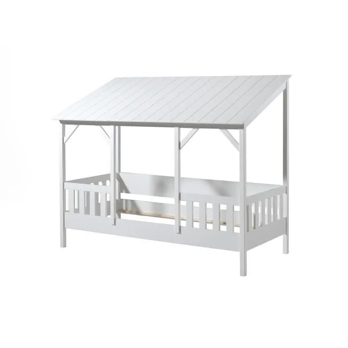 Lit cabane - Vipack - Malia - 90x200 cm - Toit blanc - Barrière de lit intégrée-0