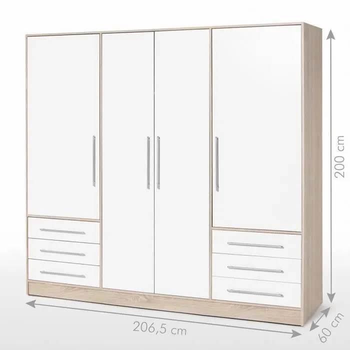 Armoire 4 portes battantes + 6 tiroirs - Chêne et blanc - L 206 x P 60 x H 200 cm - JUPITER-3