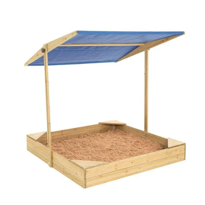 Bac à sable avec auvent - TP TOYS - 100 x 100 x 115 cm - Bois massif - 4 assises - Parasol amovible-0