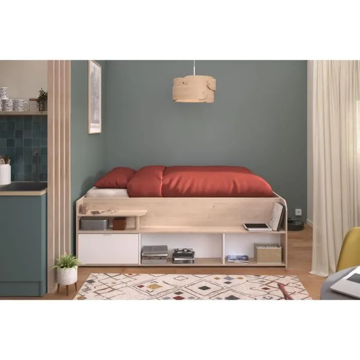 ODYSSEE Lit coffre adulte - 140x190/200 cm - Avec coffre relevable - Décor chêne et Blanc - 168,3x66,5x209,5 cm-1