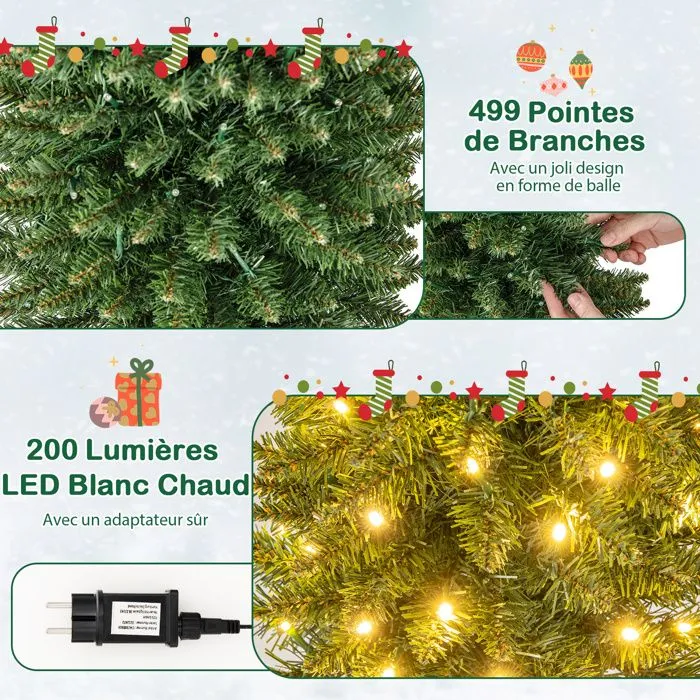 Sapin de Noël Artificiel LED COSTWAY 210cm-200 Lumières Blanc Chaud-Forme de Crayon Mince-499 Branches PVC-Support en Métal Pliable-1