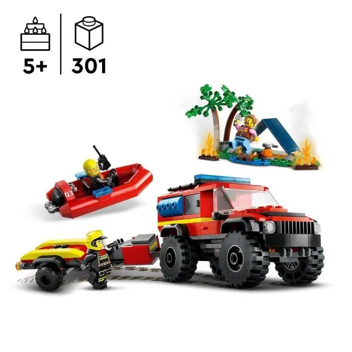 LEGO® 60412 City Le Camion de Pompiers 4x4 et le Canot de Sauvetage, Jouet avec Bateau, Remorque et Minifigurines-1
