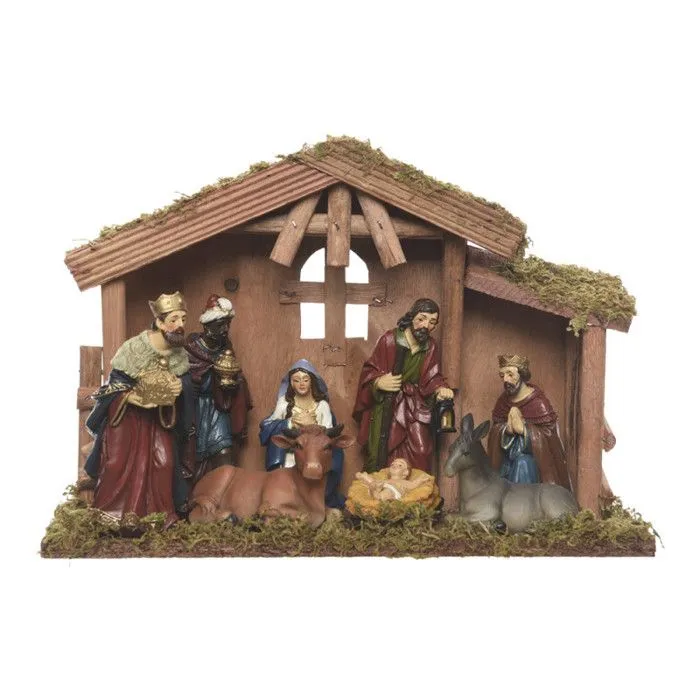 Crèche de Noël - Décoris - 30 cm - Bois - 8 Santons - Scène de la Nativité-0