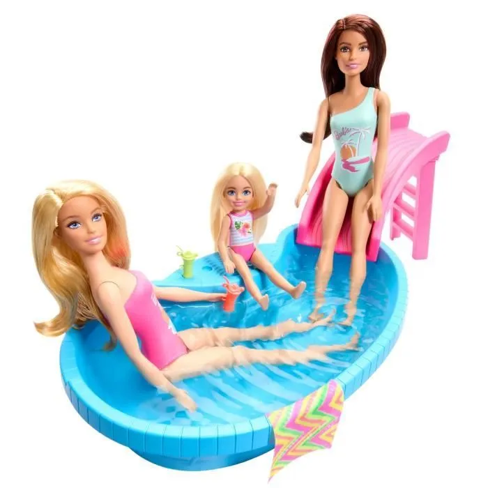 Barbie-Poupée et accessoires-Coffret poupée blonde avec piscine de rêve HRJ74-3