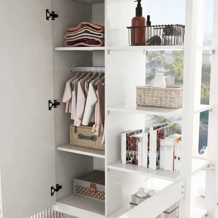 Lit mezzanine 90x200cm avec armoire, étagères, barrières anti-chutes et échelle, cadre en pin, blanc-3