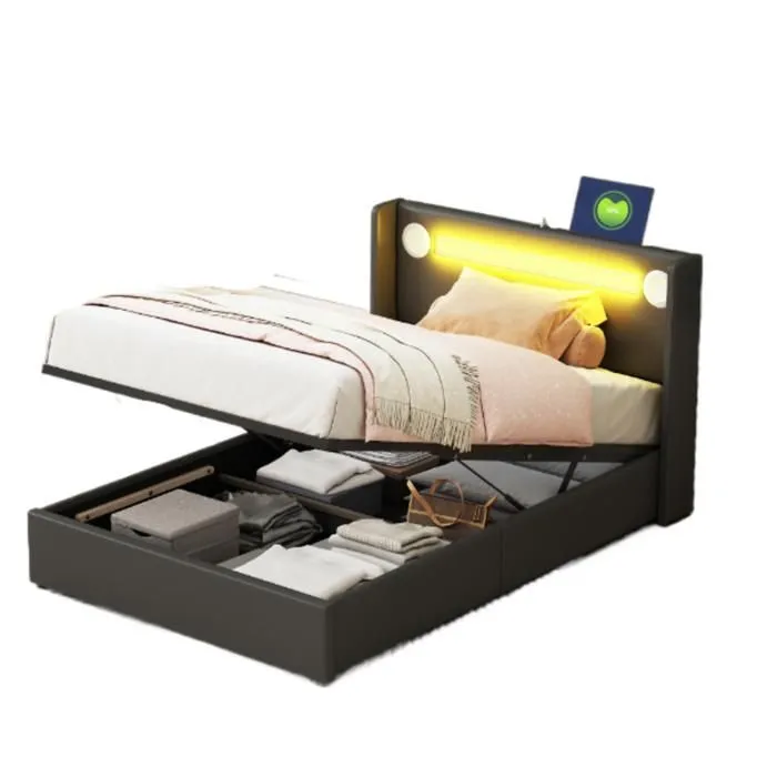 Lit coffre capitonné - Noir - 90x200 cm - LED - Bluetooth - USB-1