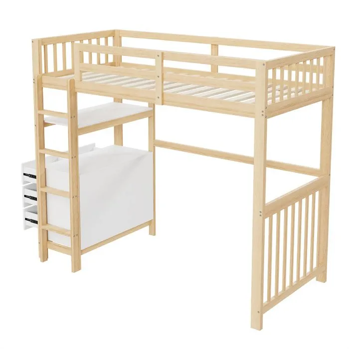 Lit mezzanine - Gutent - 90x200cm - Échelle de sécurité - Tiroirs intégrés - Bois + blanc-4
