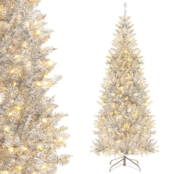 COSTWAY Sapin de Noël Artificiel 180 cm 790 Pointes de Branches PVC avec Film Argentées Brillantes 300 Lumières LED Blanc Chaud-0