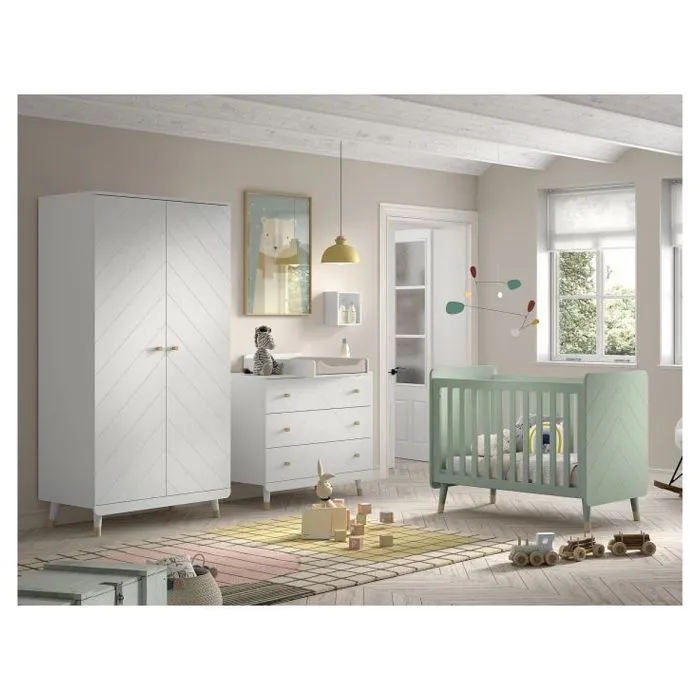 Ensemble Chambre Bébé - Billy - Lit Vert - Commode Blanche - Armoire 2 Portes-1