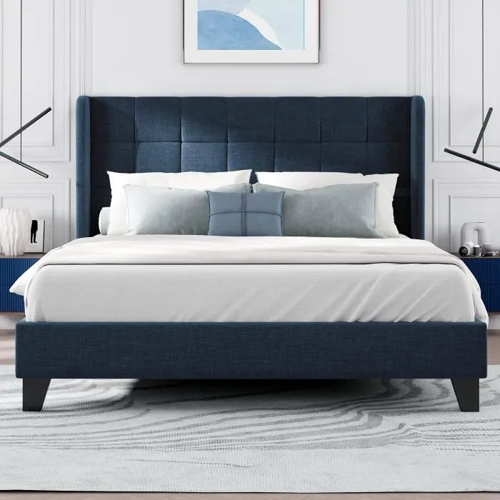 Merax lit double pour adulte 140x200cm, 2places, revêtement en lin bleu, avec sommier à lattes, style scandinave, bleu-1
