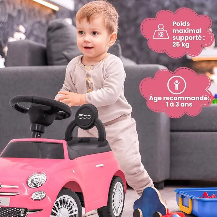 DEVESSPORT Porteur Fiat 500 Rose. Licence Officielle. Volant Klaxon & Sons. Rangement. Anti-Bascule. 12-36 Mois.-2