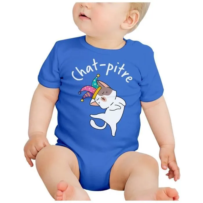 Body Bébé Manche Courte Bleu Chat pitre Chaton Humour Jeu de mot Dessin-1