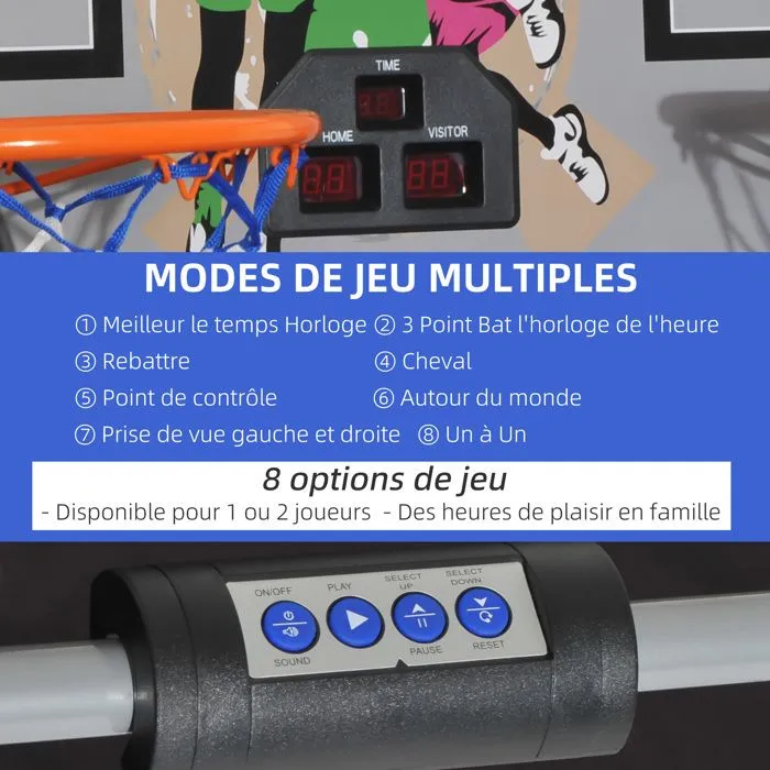 Panier de Basket pliable - HOMCOM - 8 modes - double panier compteur électronique - 4 ballons et pompe - acier noir et blanc-4