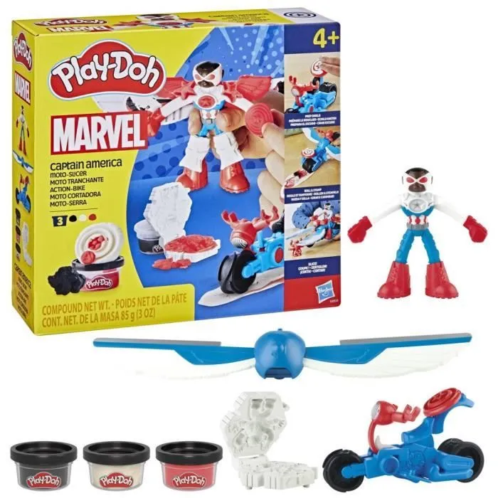 Play-Doh Captain America, coffret Moto tranchante avec figurine flexible, 3 accessoires et pâte à modeler, dès 4 ans, Marvel-0