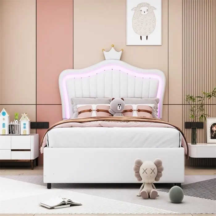 Lit enfant LED - Blanc - 90x200cm - 2 tiroirs - Tête de lit couronne - Cuir PU-1