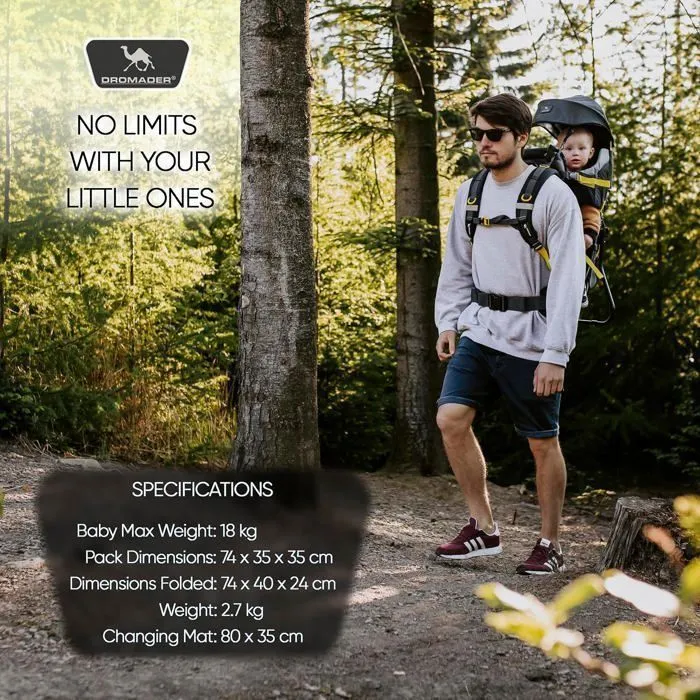 DROMADER Porte Bébé Randonnée - Confortable jusqu'à 22kg - Sac à Dos avec Poche Isolante, Pare-Soleil & Pluie - Noir et Jaune-1