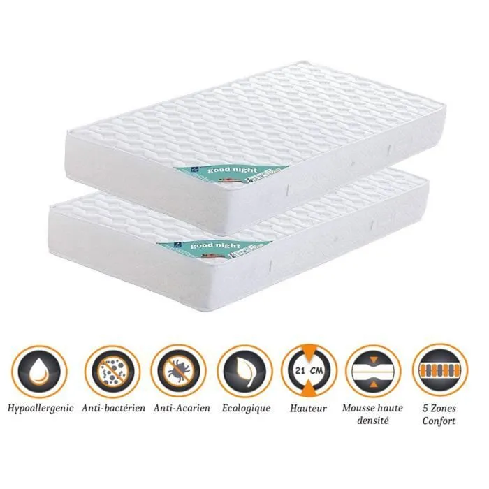 Lot de 2 Matelas 80x200 cm epaisseur 21 cm - Trs Ferme - Aertech 35 Kg-m3 HR Haute Densit - 5 Zones de Confort-0