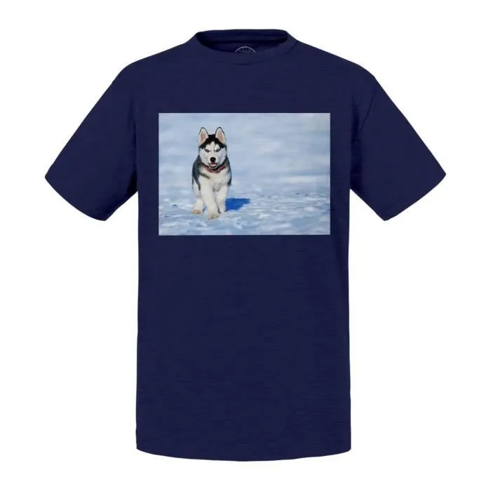 T-shirt Enfant Bleu Chiot Husky dans la Neige Chien Collier Rouge Yeux Bleus Mignon Canin-0