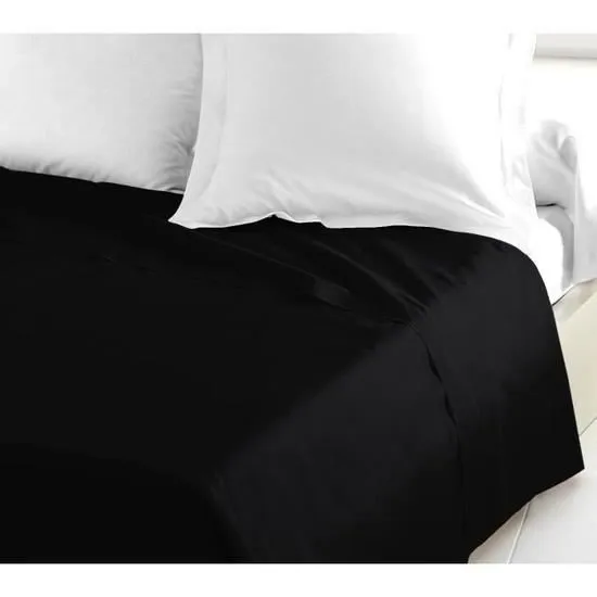 Drap Plat 1 Place 180 x 290 cm Uni - 100 % Pur Coton très doux 57 fils/cm2 - NOIR-0