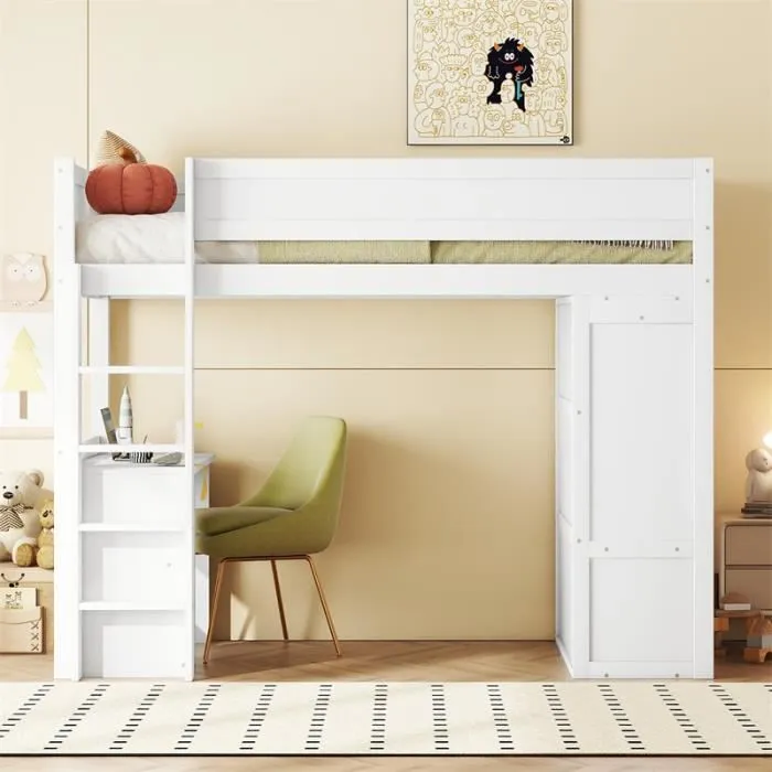 Lit mezzanine 90x200cm - DREAMMESPACE - Modèle - Armoire - Bureau - Tiroirs - Échelle - Sommier à lattes - Pin - Blanc-1