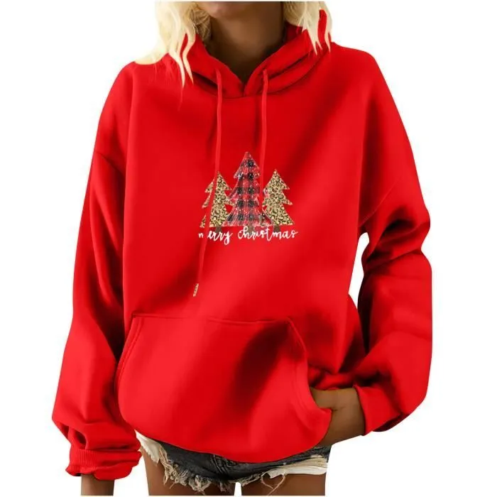 Mode féminine impression à manches longues poche pull chemise chemisier sweats à capuche Rouge A2-1