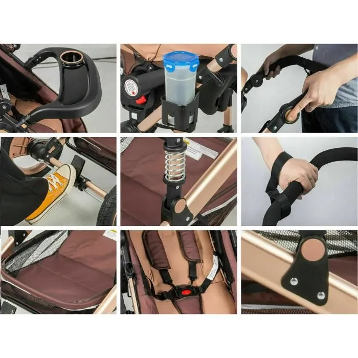 Poussette Bébé Combinée Trio Pack 3 en 1 Rose Chassis Haut a Absorption de Chocs Pliable Siege Auto Réversible Roues Increvables-1