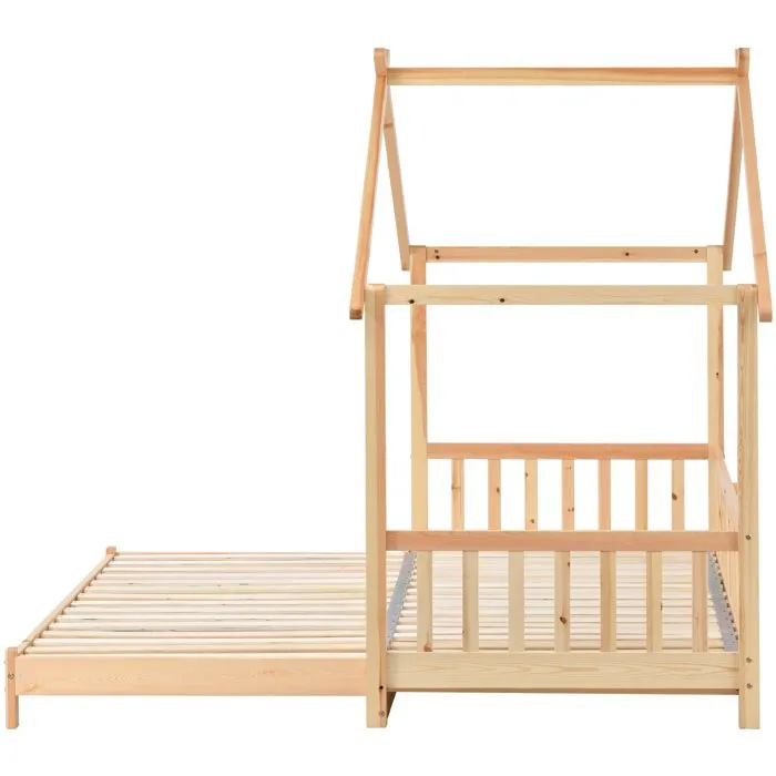 Lit Cabane Extensible,Lit Enfant - en Bois Massif - avec Barrière - 90*200 cm/180*200 cm- couleur bois naturel-2