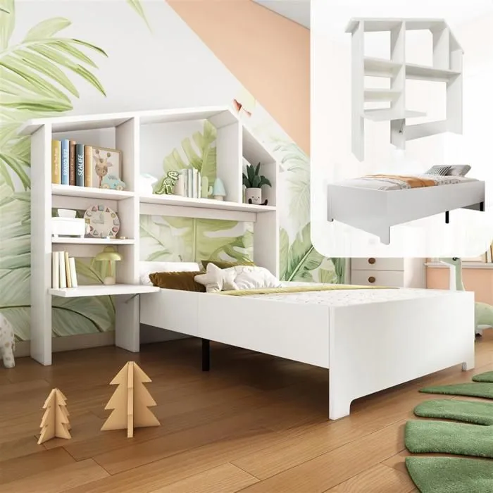 Lit d'enfant - Blanc - 90 x 200 cm - Bois massif - Bibliothèque intégrée - Sommier à lattes-0