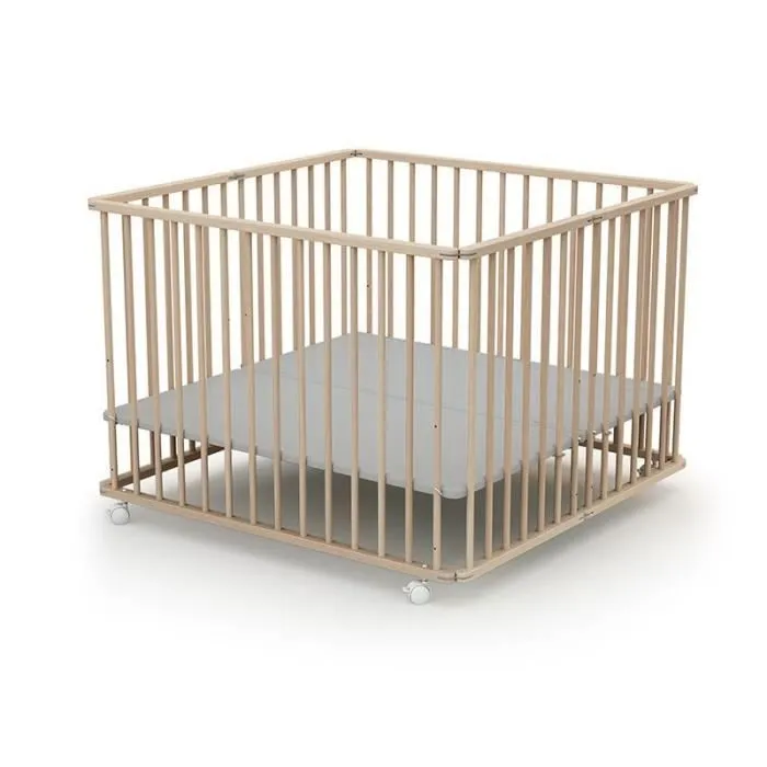 Parc pliant carré - WEBABY - CALI - 100 x 100 cm - 4 roulettes - Jusqu'à 24 mois - Hêtre brut-1