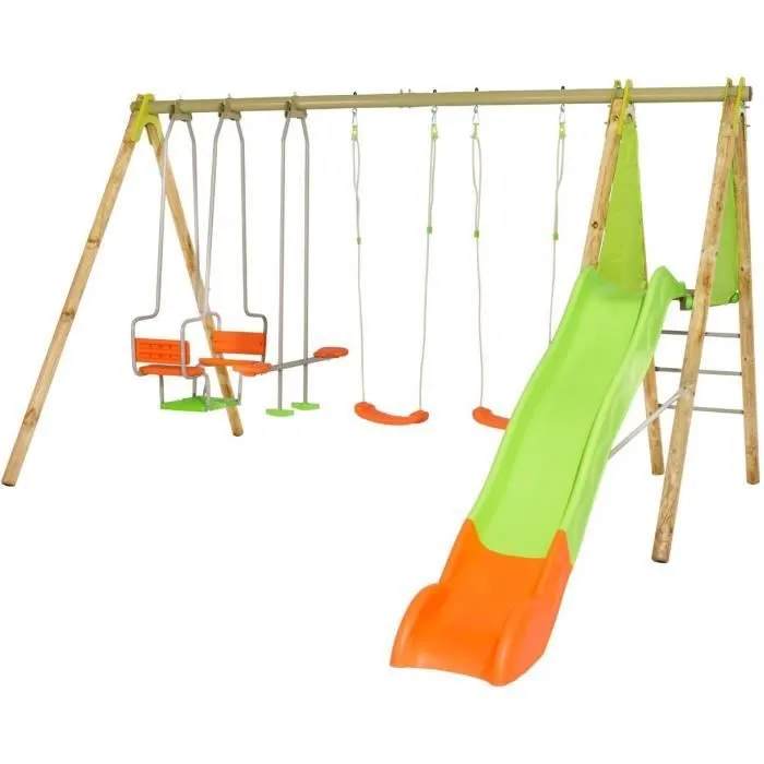 Portique bois et métal - 2,30m - 2 balançoires, 1 face à face, 1 nacelle et 1 toboggan 2,63m - KAHUNA TRIGANO-0