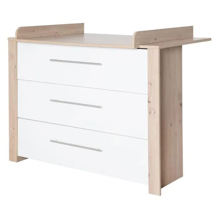 Chambre Bébé Complète ROBA - Malo - Lit Évolutif 70x140 cm + Commode à Langer + Armoire 3 Portes - Blanc - Décor Chêne-2