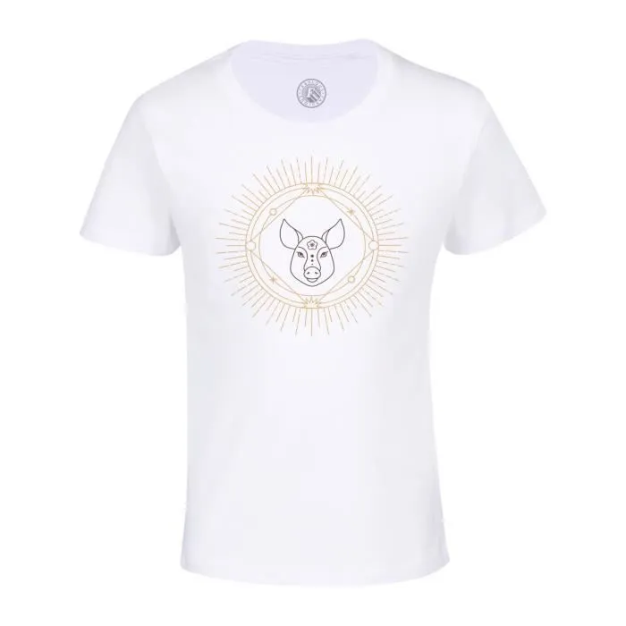 T-shirt Enfant Blanc Cochon Signe Astrologie Chinois Zodiaque Dessin Horoscope Animal-0