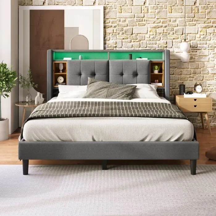 BM lit double 140x200cm, tissu en lin, avec étagères de rangement, LED, lit capitonné adulte, sommier à lattes en bois massif, gris-0