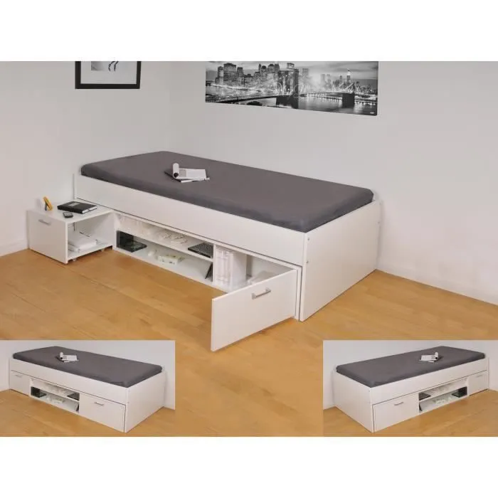 Lit enfant TESS contemporain mélaminé blanc - l 90 x 190 cm - Chevet et rangement intégrés-2