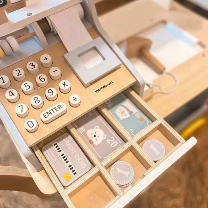 Caisse Enregistreuse Enfant +3 ans Mamabrum - Équipée de Clavier Numérique, boulier, Scanner, Terminal et Pièces de monnaie en Bois-5